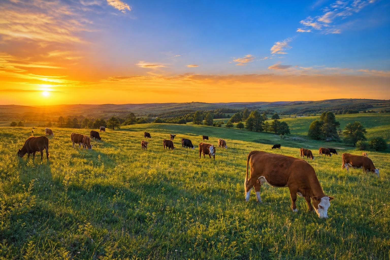 Cattle grazing across vast open green rangeland at golden hour