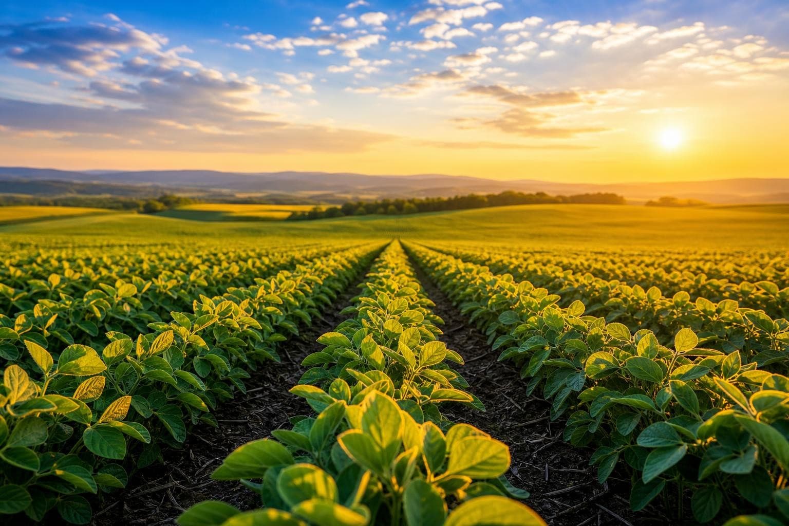 Vast green soybean field stretching to the horizon at golden hour