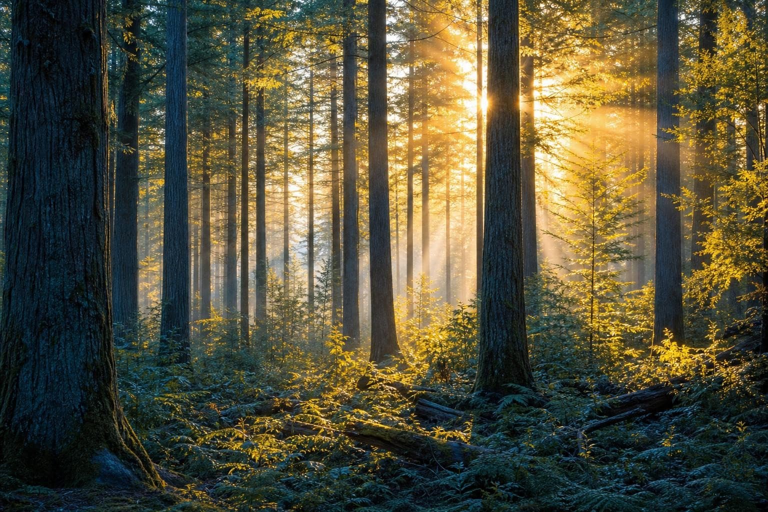 Tall timber trees in a managed forest with sunlight through the canopy