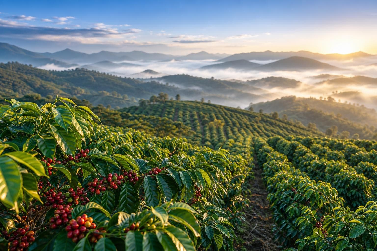 Lush green coffee plantation on rolling hills at golden hour with red coffee cherries