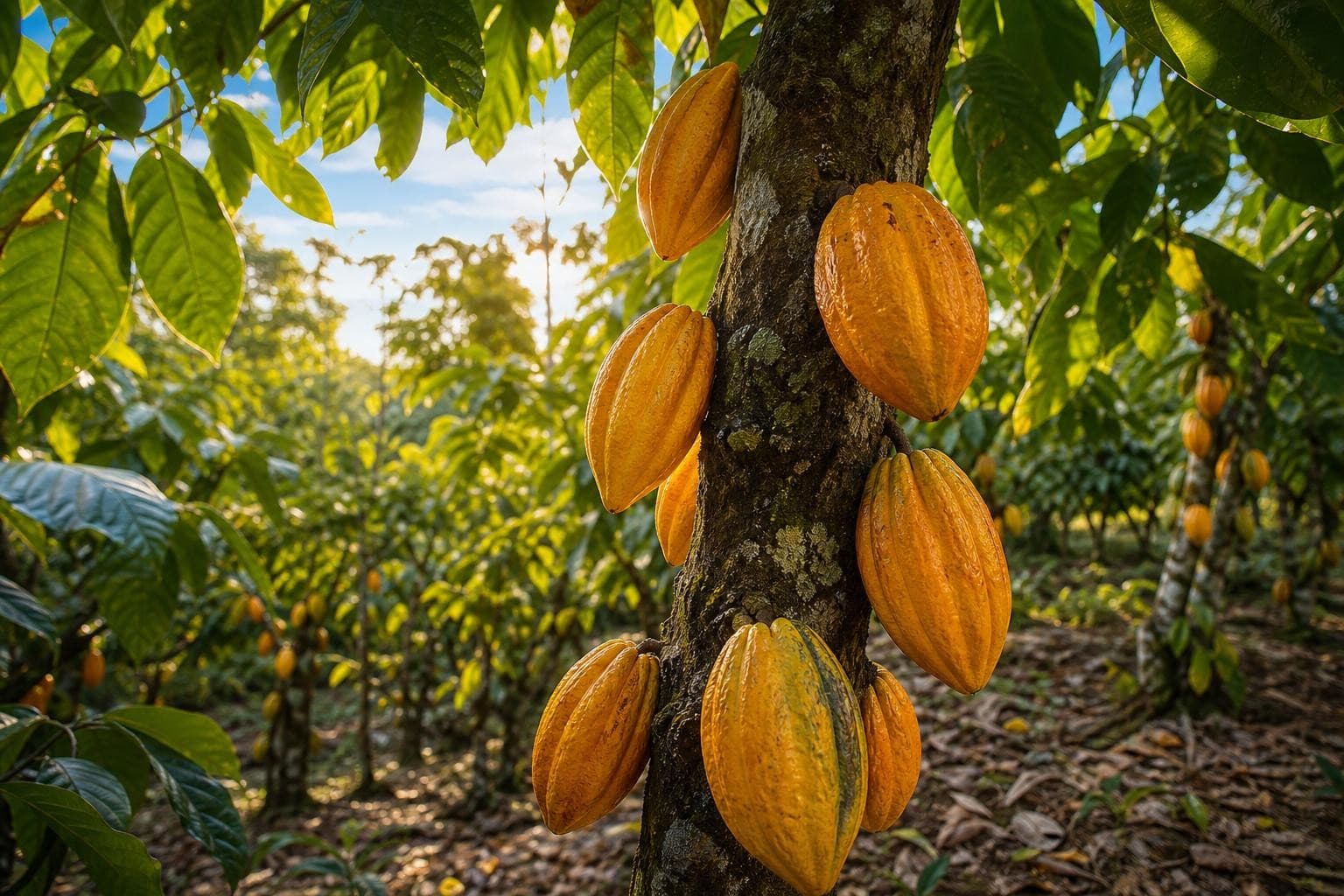 Ripe cocoa pods growing on cacao trees in a lush tropical plantation