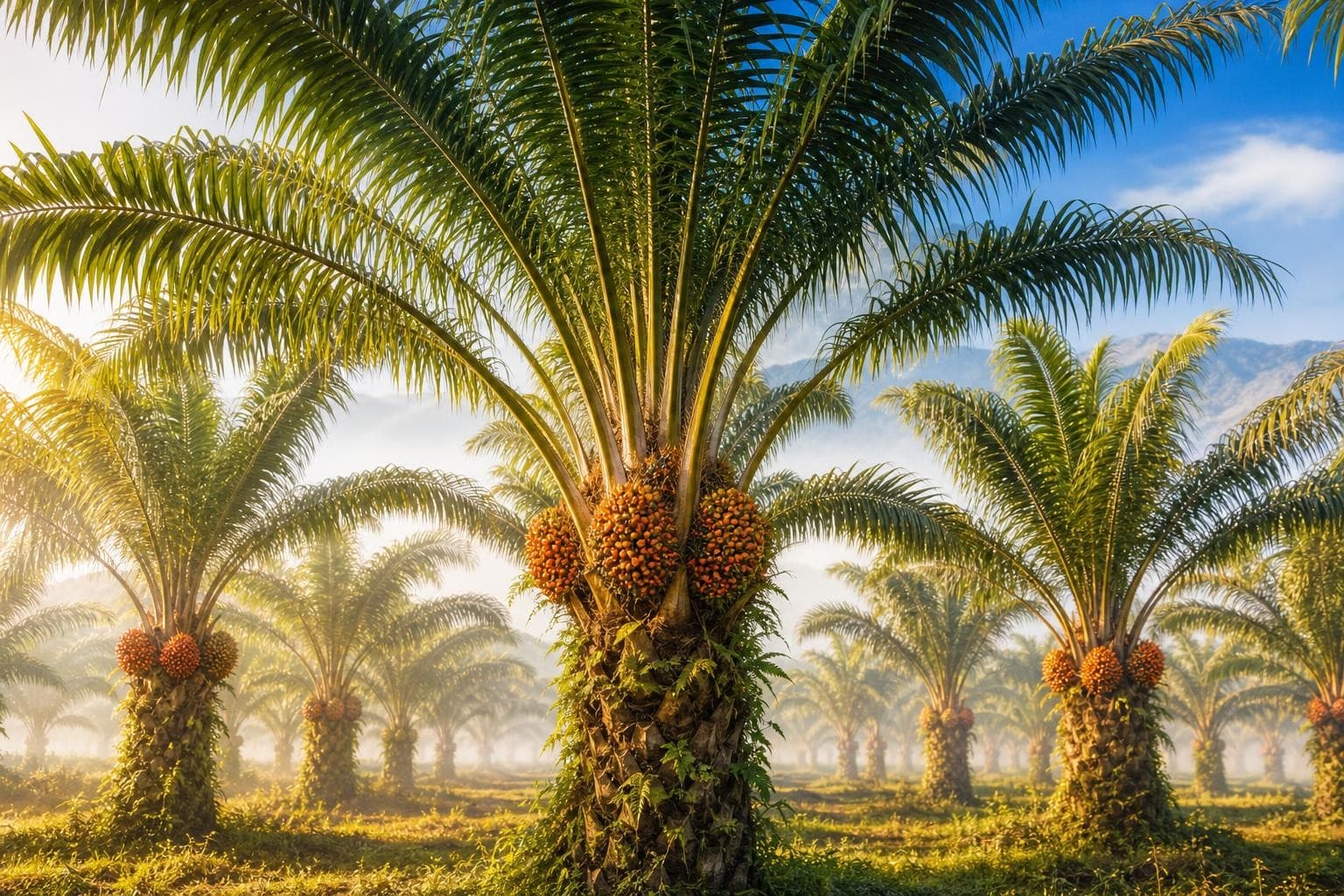 Rows of mature oil palm trees with fruit bunches in a tropical plantation