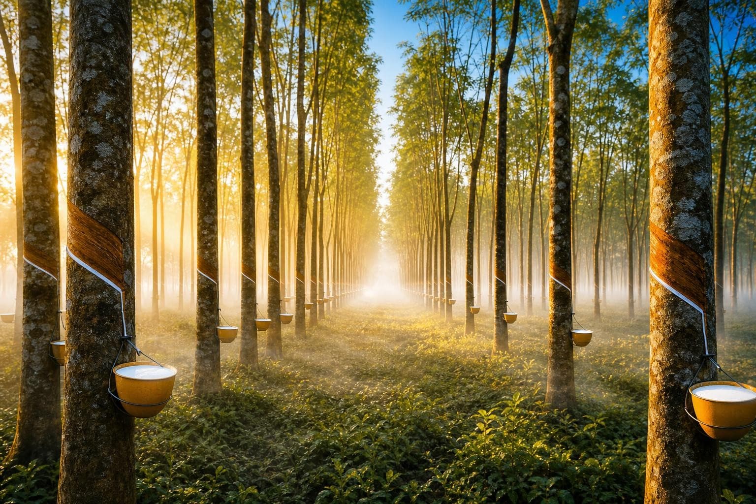 Orderly rows of rubber trees with latex tapping cups in a plantation